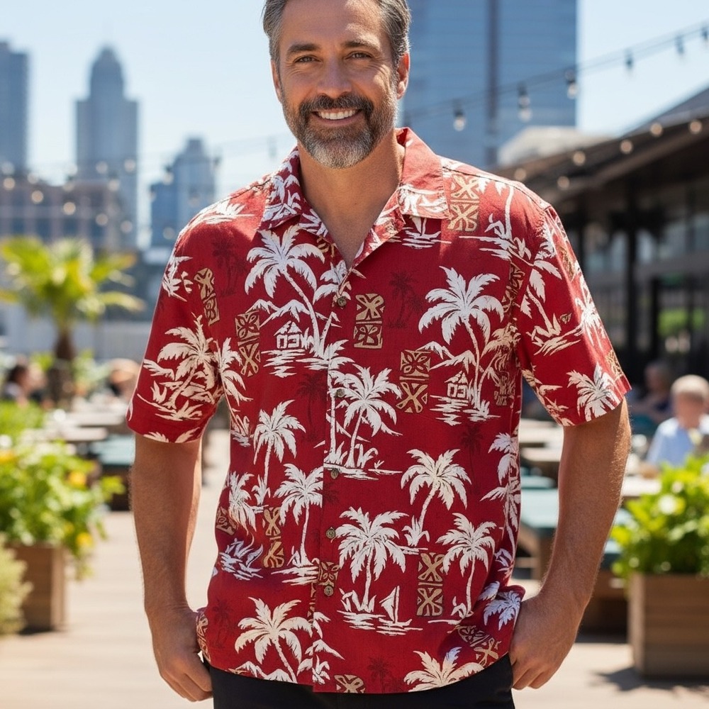SADDLEBRED Red Hawaiian Shirt Palm Tree Print Mens Medium Button Up Casual